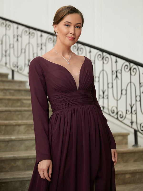 A-Line/Princess Chiffon Ruched V-neck Long Sleeves Floor-Length Mother of the Bride Dresses