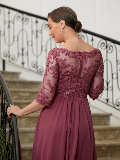 A-Line/Princess Chiffon Lace V-neck 3/4 Sleeves Floor-Length Mother of the Bride Dresses