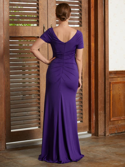 Sheath/Column Jersey Beading Square Short Sleeves Floor-Length Mother of the Bride Dresses