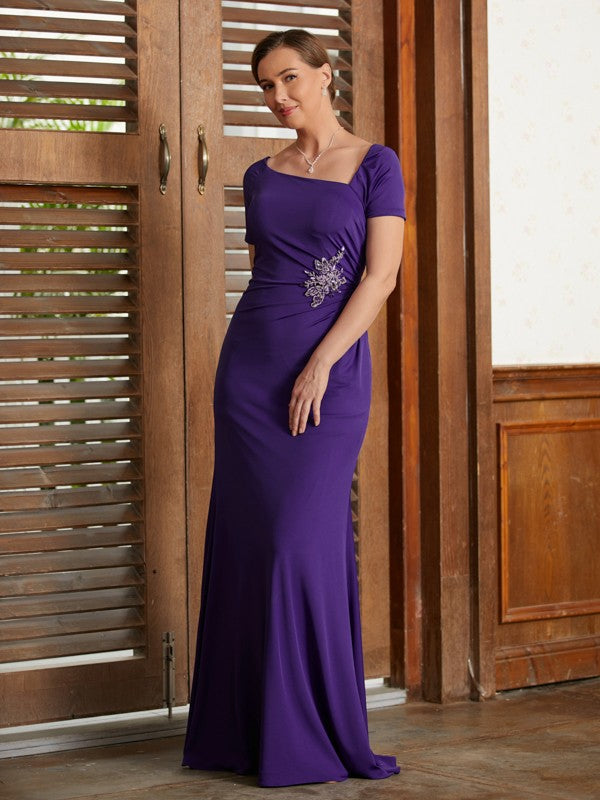 Sheath/Column Jersey Beading Square Short Sleeves Floor-Length Mother of the Bride Dresses