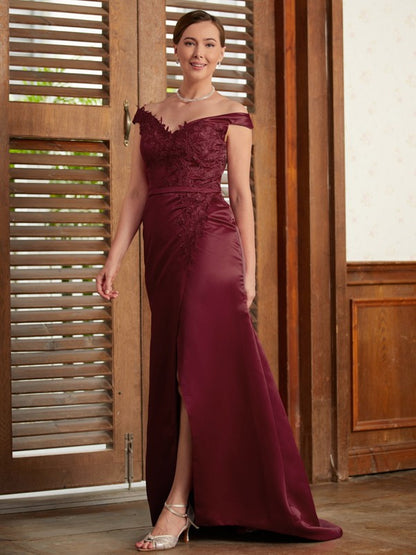 Sheath/Column Satin Applique Off-the-Shoulder Sleeveless Sweep/Brush Train Mother of the Bride Dresses