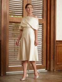 A-Line/Princess Charmeuse Ruched Off-the-Shoulder 1/2 Sleeves Tea-Length Mother of the Bride Dresses