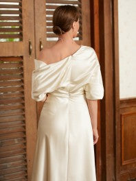 A-Line/Princess Charmeuse Ruched Off-the-Shoulder 1/2 Sleeves Tea-Length Mother of the Bride Dresses