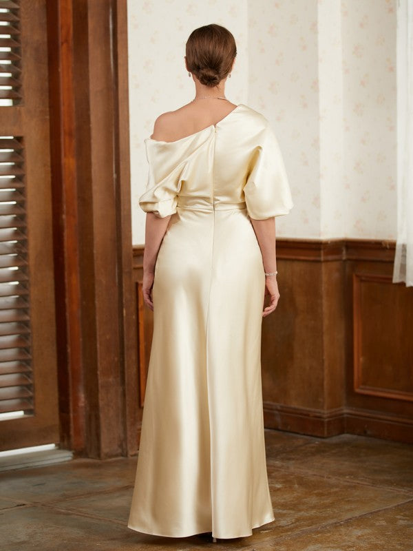 Sheath/Column Charmeuse Ruched Off-the-Shoulder Short Sleeves Floor-Length Mother of the Bride Dresses