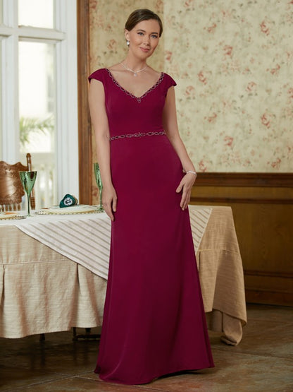 Sheath/Column Stretch Crepe Beading V-neck Sleeveless Floor-Length Mother of the Bride Dresses