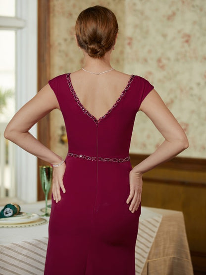 Sheath/Column Stretch Crepe Beading V-neck Sleeveless Floor-Length Mother of the Bride Dresses