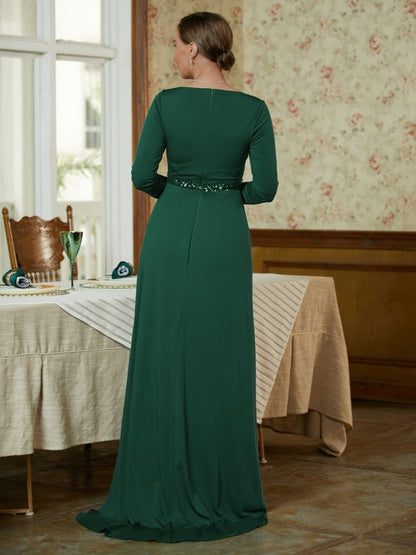 A-Line/Princess Jersey Beading V-neck Long Sleeves Sweep/Brush Train Mother of the Bride Dresses