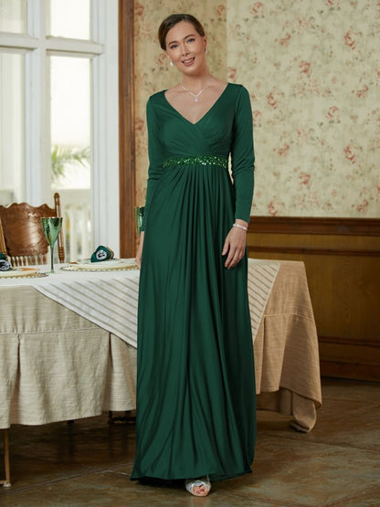 A-Line/Princess Jersey Beading V-neck Long Sleeves Sweep/Brush Train Mother of the Bride Dresses