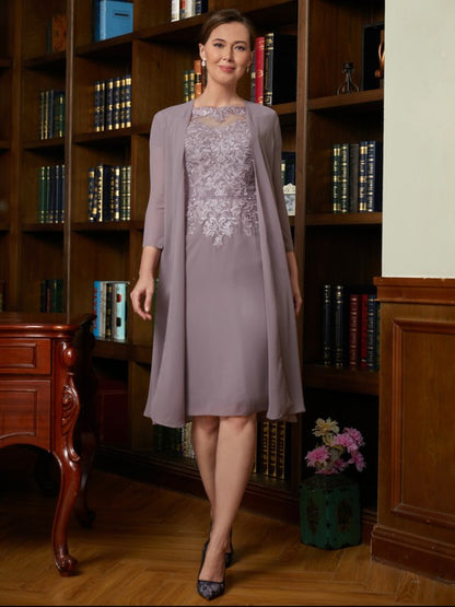 Sheath/Column Chiffon Lace Scoop Short Sleeves Knee-Length Mother of the Bride Dresses