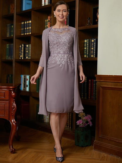 Sheath/Column Chiffon Lace Scoop Short Sleeves Knee-Length Mother of the Bride Dresses