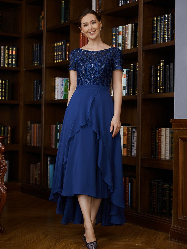 A-Line/Princess Chiffon Applique Bateau Short Sleeves Asymmetrical Mother of the Bride Dresses