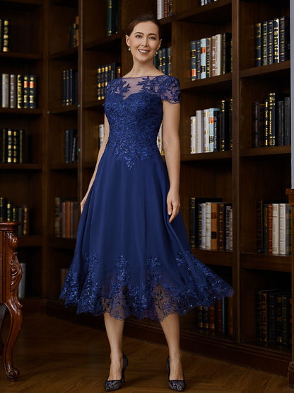 A-Line/Princess Chiffon Applique Bateau Short Sleeves Tea-Length Mother of the Bride Dresses