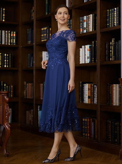 A-Line/Princess Chiffon Applique Bateau Short Sleeves Tea-Length Mother of the Bride Dresses