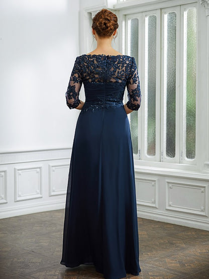 A-Line/Princess Chiffon Applique Bateau 3/4 Sleeves Floor-Length Mother of the Bride Dresses