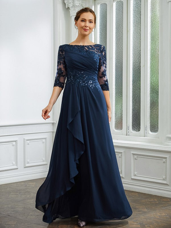 A-Line/Princess Chiffon Applique Bateau 3/4 Sleeves Floor-Length Mother of the Bride Dresses