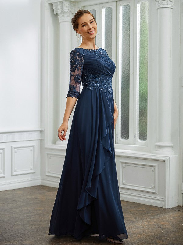 A-Line/Princess Chiffon Applique Bateau 3/4 Sleeves Floor-Length Mother of the Bride Dresses