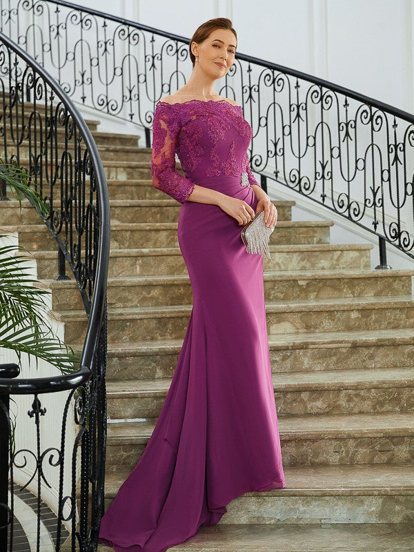 Sheath/Column Chiffon Applique Off-the-Shoulder 3/4 Sleeves Sweep/Brush Train Mother of the Bride Dresses