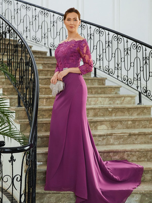 Sheath/Column Chiffon Applique Off-the-Shoulder 3/4 Sleeves Sweep/Brush Train Mother of the Bride Dresses