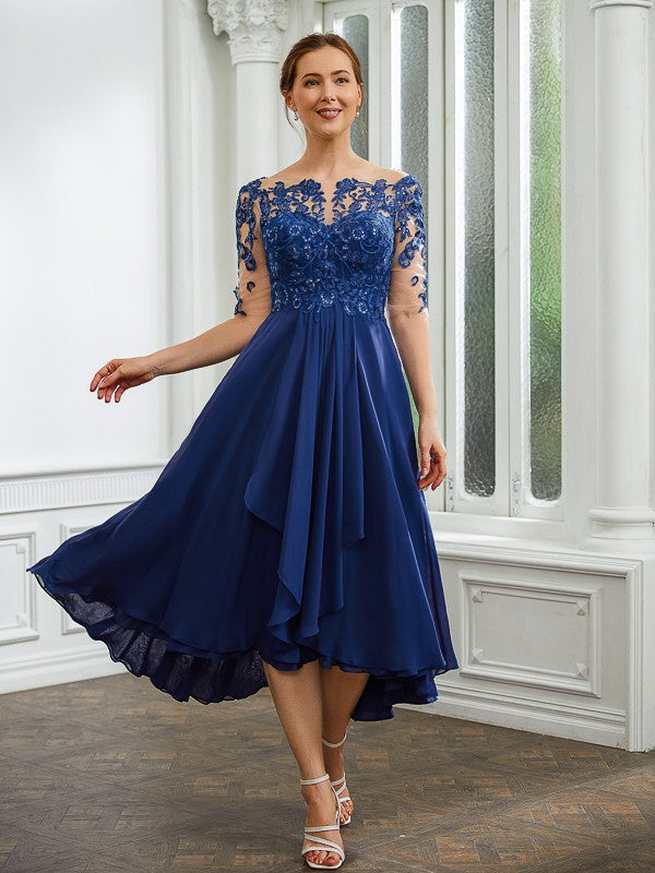 A-Line/Princess Chiffon Applique Bateau 1/2 Sleeves Tea-Length Mother of the Bride Dresses