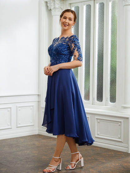 A-Line/Princess Chiffon Applique Bateau 1/2 Sleeves Tea-Length Mother of the Bride Dresses