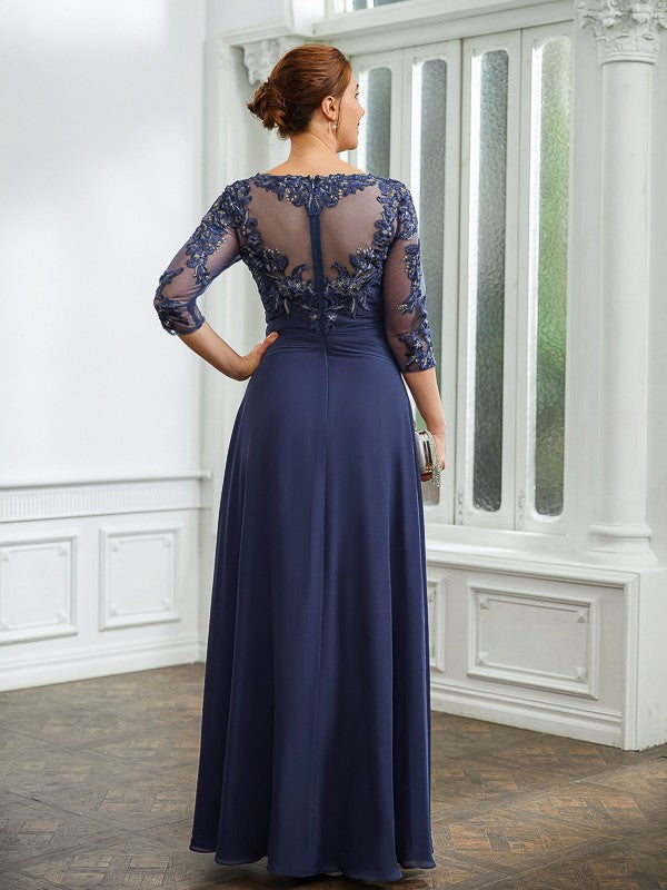 A-Line/Princess Chiffon Applique Bateau 3/4 Sleeves Floor-Length Mother of the Bride Dresses