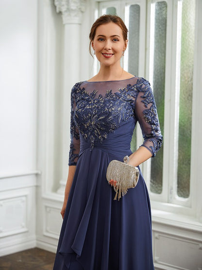 A-Line/Princess Chiffon Applique Bateau 3/4 Sleeves Floor-Length Mother of the Bride Dresses