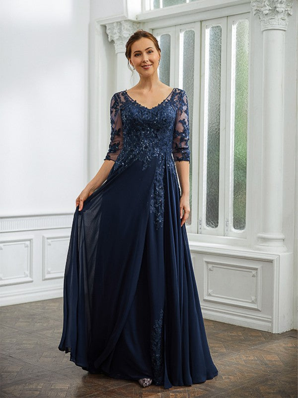 A-Line/Princess Chiffon Applique V-neck 3/4 Sleeves Floor-Length Mother of the Bride Dresses