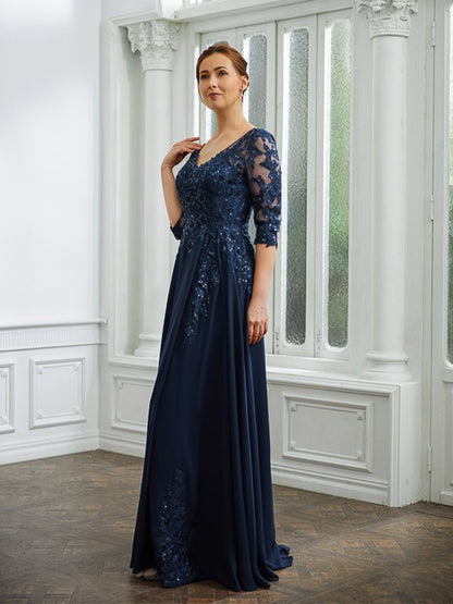 A-Line/Princess Chiffon Applique V-neck 3/4 Sleeves Floor-Length Mother of the Bride Dresses