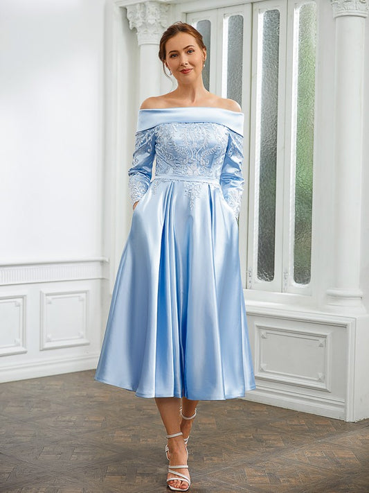 A-Line/Princess Elastic Woven Satin Ruched Off-the-Shoulder Long Sleeves Tea-Length Mother of the Bride Dresses