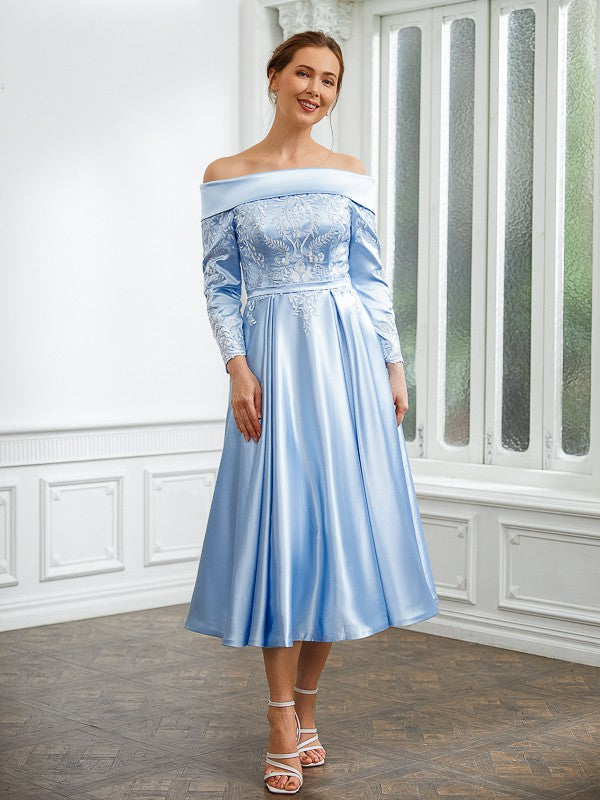 A-Line/Princess Elastic Woven Satin Ruched Off-the-Shoulder Long Sleeves Tea-Length Mother of the Bride Dresses