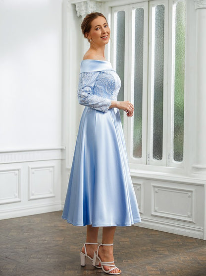 A-Line/Princess Elastic Woven Satin Ruched Off-the-Shoulder Long Sleeves Tea-Length Mother of the Bride Dresses