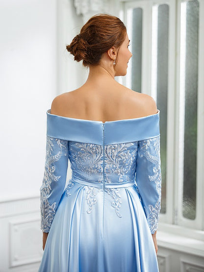 A-Line/Princess Elastic Woven Satin Ruched Off-the-Shoulder Long Sleeves Tea-Length Mother of the Bride Dresses