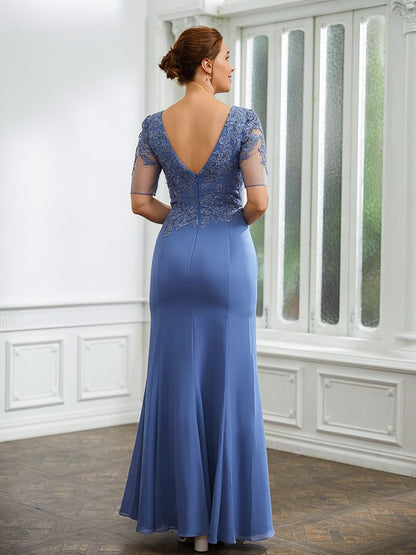 Sheath/Column Chiffon Applique Bateau Short Sleeves Floor-Length Mother of the Bride Dresses