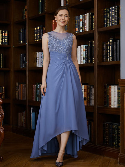 A-Line/Princess Chiffon Applique Scoop Sleeveless Asymmetrical Mother of the Bride Dresses