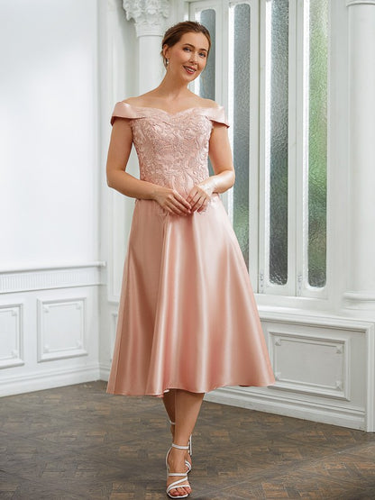 A-Line/Princess Satin Applique Off-the-Shoulder Sleeveless Tea-Length Mother of the Bride Dresses