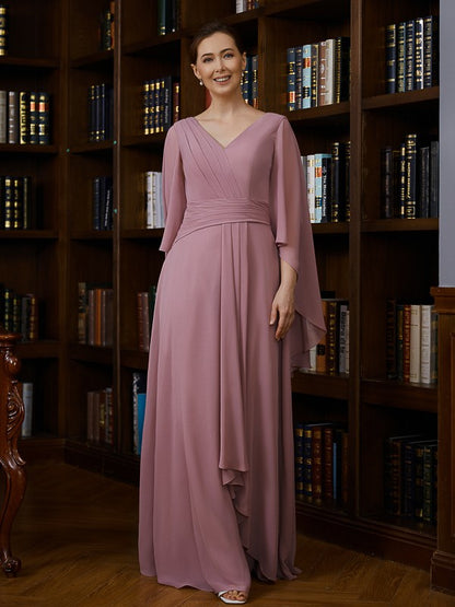 A-Line/Princess Chiffon Ruched V-neck 3/4 Sleeves Floor-Length Mother of the Bride Dresses