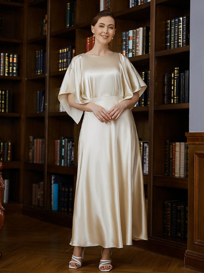 A-Line/Princess Silk like Satin Ruched Scoop 1/2 Sleeves Ankle-Length Mother of the Bride Dresses