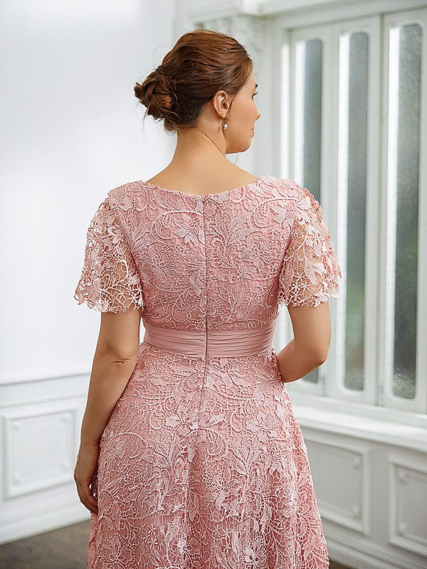 A-Line/Princess Chiffon Applique V-neck Short Sleeves Tea-Length Dresses