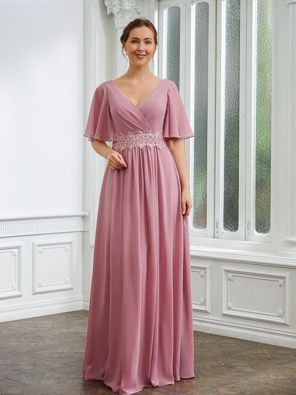 A-Line/Princess Chiffon Ruched V-neck 1/2 Sleeves Floor-Length Mother of the Bride Dresses