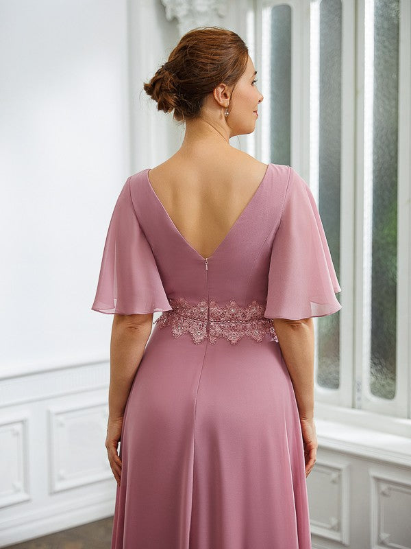 A-Line/Princess Chiffon Ruched V-neck 1/2 Sleeves Floor-Length Mother of the Bride Dresses