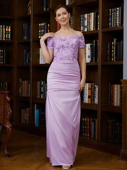 Sheath/Column Charmeuse Ruched Off-the-Shoulder Short Sleeves Floor-Length Mother of the Bride Dresses