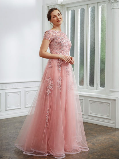 A-Line/Princess Tulle Applique Bateau Short Sleeves Floor-Length Dresses