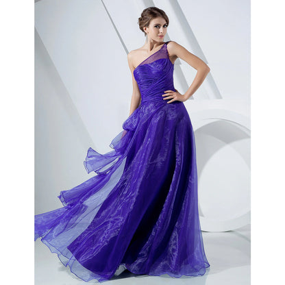 A-Line Elegant Dress Formal Evening Military Ball Floor Length Sleeveless One Shoulder Organza with Side Draping Cascading Ruffles