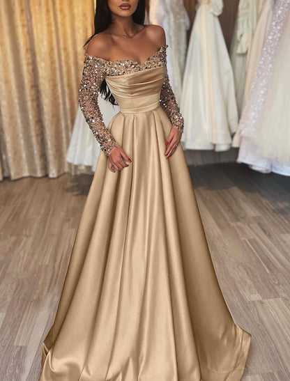 Ball Gown Party Dress Evening Gown Party Dress Hot Dress Engagement Wedding Reception Sweep / Brush Train 3/4 Length Sleeve Off Shoulder Satin with Sequin