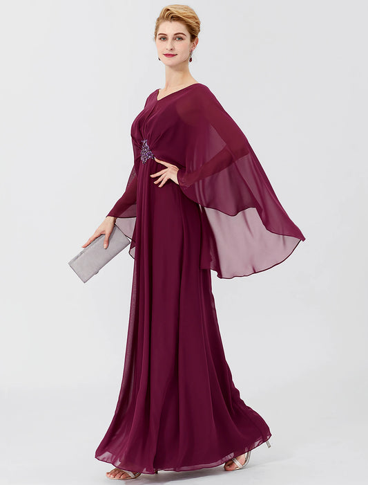 Sheath / Column Mother of the Bride Dress Formal Classic & Timeless Elegant & Luxurious Elegant V Neck Floor Length Chiffon Long Sleeve with Pleats Beading