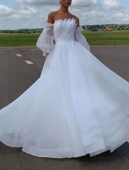 Beach Casual Wedding Dresses A-Line Off Shoulder Long Sleeve Court Train Organza Bridal Gowns With Solid Color Summer Wedding Party