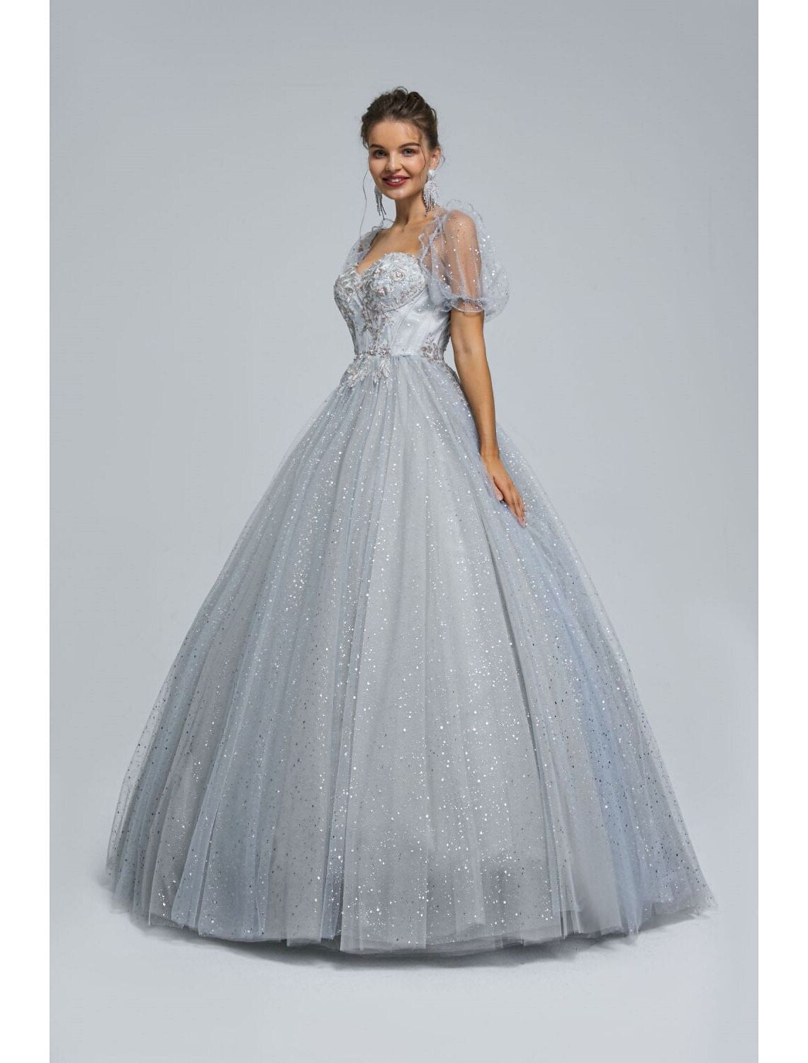 Ball Gown Prom Dresses Princess Dress Graduation Floor Length Short Sleeve Sweetheart Tulle with Sequin Appliques