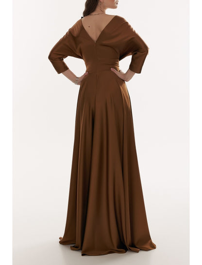 A-Line Evening Gown Elegant Dress Formal Fall Sweep / Brush Train 3/4 Length Sleeve V Neck Satin with Pleats