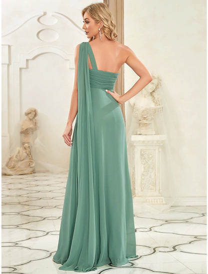 A-Line Evening Gown Empire Dress Formal Evening Floor Length Sleeveless One Shoulder Bridesmaid Dress Chiffon Backless with Pleats Draping