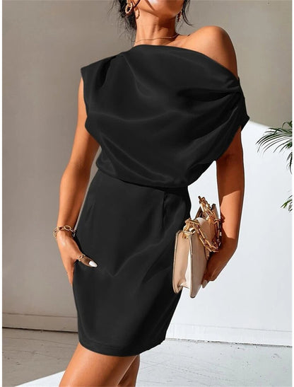 Women's Party Dress Cocktail Dress Wedding Guest Dress Mini Dress Black Pink Red Sleeveless Plain Ruched Spring Fall Winter One Shoulder Formal Winter Dress Wedding Guest Vacation